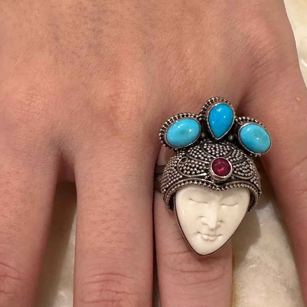 Artisan 925 sterling Silver Ring with Turquoise and Ruby real - Picture 5 of 9